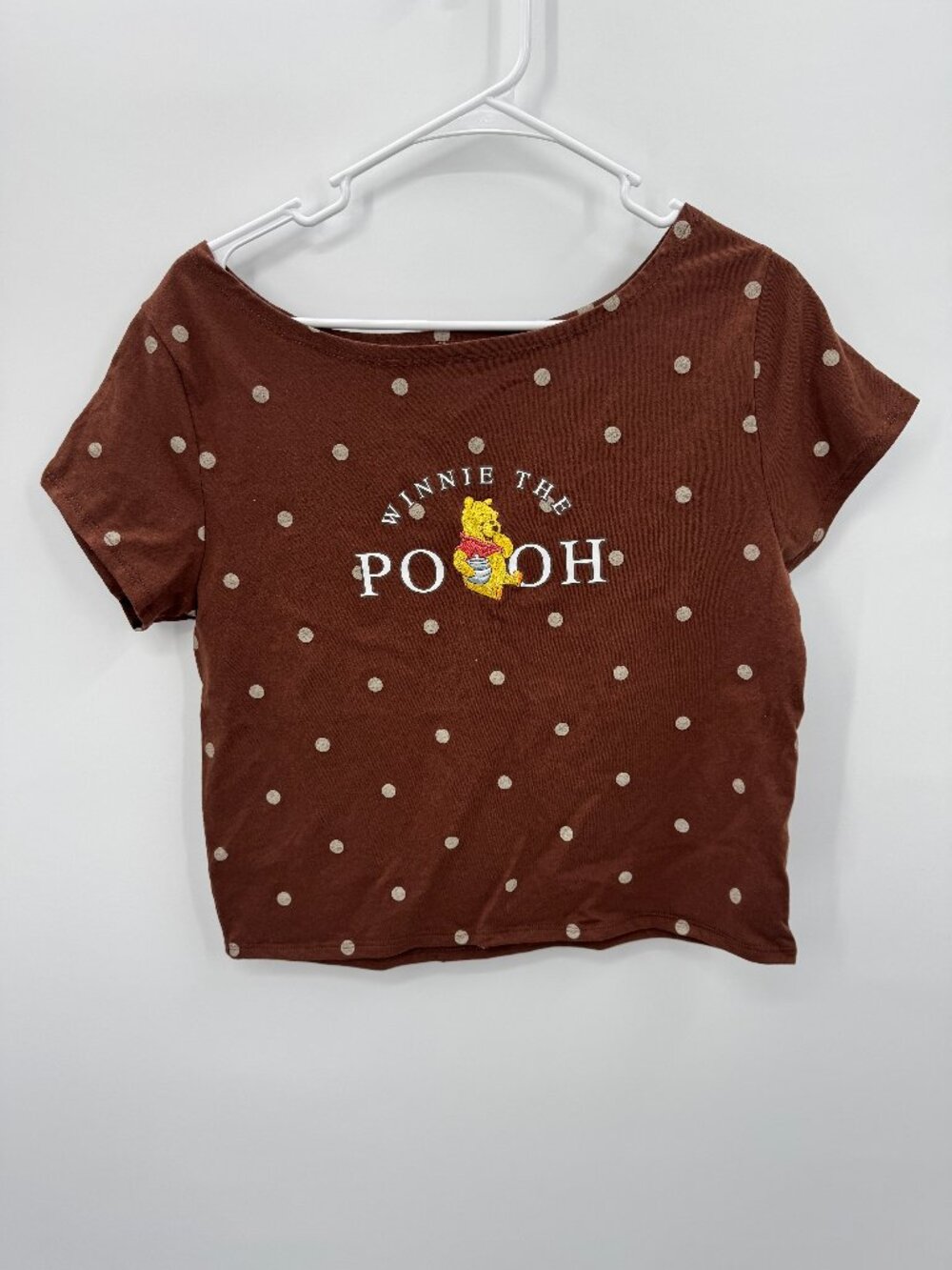 Disney Winnie The Pooh Crop Top Womens Medium Brown Polka Dot Embroidered Baby T